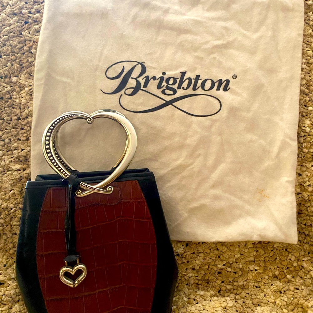Brighton Corazon Black Brown Leather Croc Embossed Purse-Silver Heart Handles